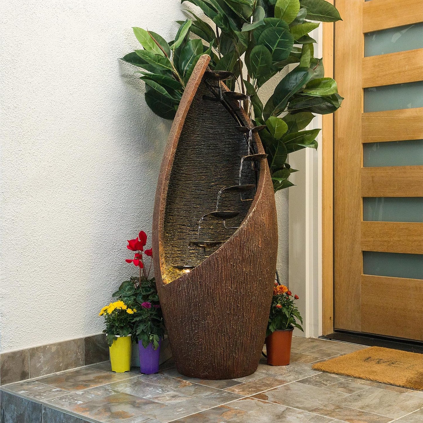 Alpine Corporation GIL122 43" Outdoor Floor Contemporary Tiered Bronze Metal Water Fountain with LED Lights, Stylish Outdoor Water Feature for Garden and Patio Décor, Brown