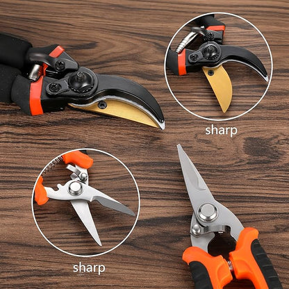 5 pack Garden Pruning Shears Stainless Steel Blades, Handheld Scissors Set with Gardening Gloves,Heavy Duty Garden Bypass Pruning Shears,Tree Trimmers Secateurs, Hand Pruner (Classic)