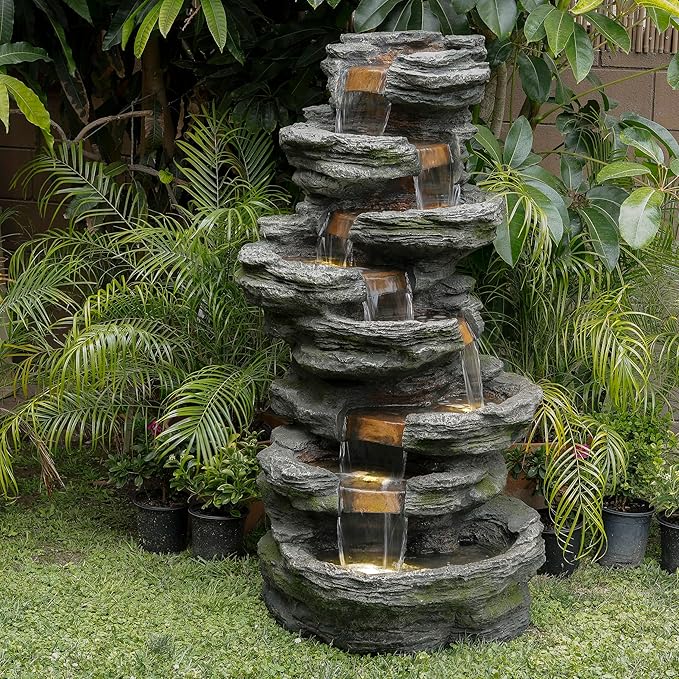 Alpine Corporation WIN1146 Outdoor Floor Cascading 8 Tiered Rock Garden Water Fountain with LED Lights, 58", Gray
