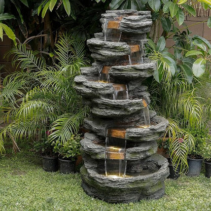 Alpine Corporation WIN1146 Outdoor Floor Cascading 8 Tiered Rock Garden Water Fountain with LED Lights, 58", Gray