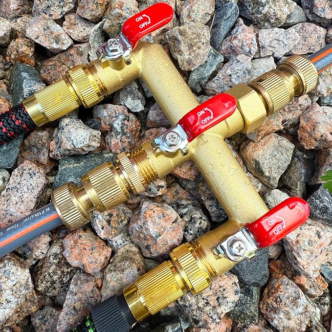 EBH Garden Hose Splitter, 3-Way High Flow Heavy Duty Brass Outdoor Hose Manifold with Long Handles Full Flow Faucet Adapter- 3/4” GHT(RED)