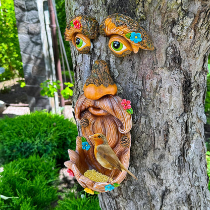 Mood Lab Tree Face Decor - Outdoor Bird Feeder - Old Man Face Decoration with Flowers - Tree Garden Hugger - Yard Art Statues