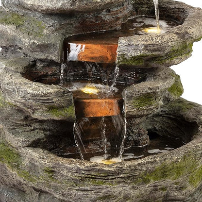 Alpine Corporation WIN1146 Outdoor Floor Cascading 8 Tiered Rock Garden Water Fountain with LED Lights, 58", Gray