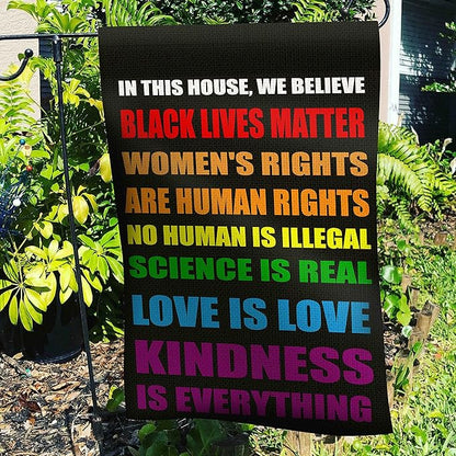 Blm Equality Flag for in This House We Believe Yard Sign, Pride Flag Small Science Is Real Black Lives Matter Vertical Double Sided 12.5"X18" Burlap Patio Outdoor Decoration