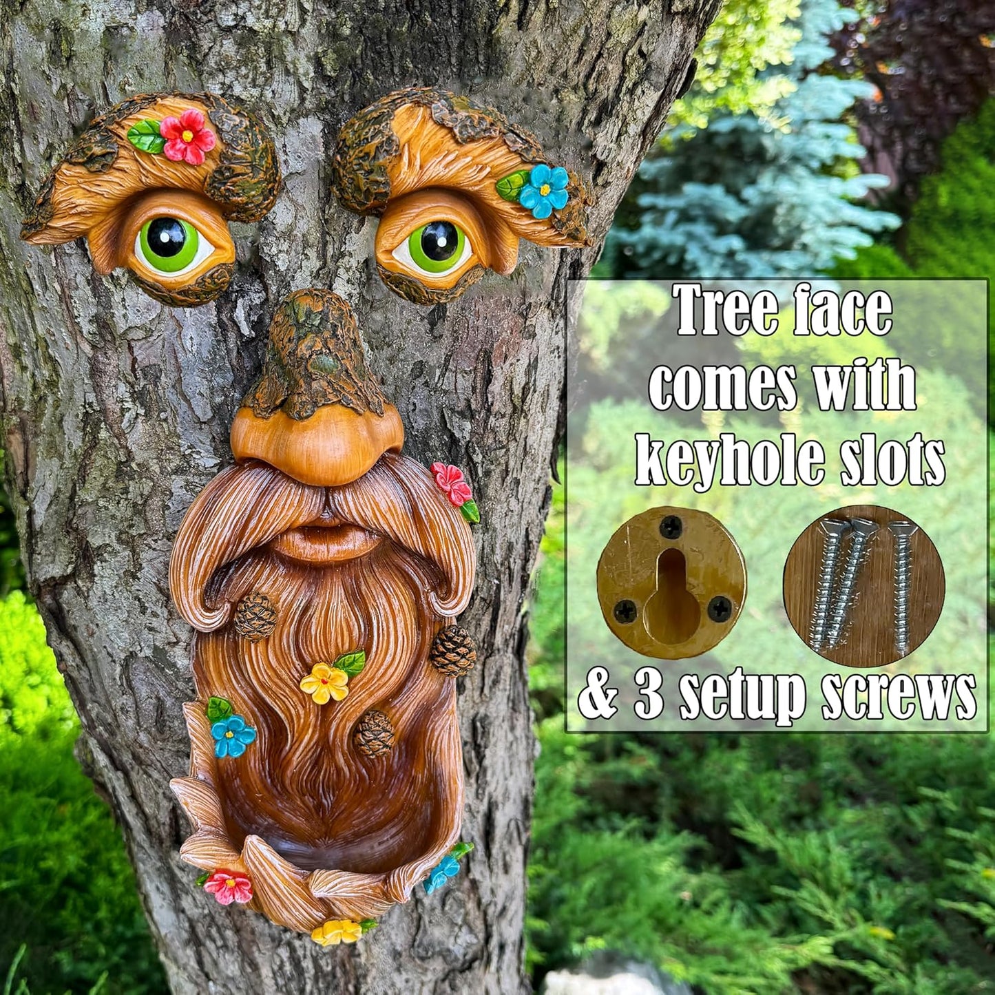 Mood Lab Tree Face Decor - Outdoor Bird Feeder - Old Man Face Decoration with Flowers - Tree Garden Hugger - Yard Art Statues