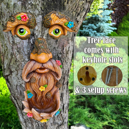 Mood Lab Tree Face Decor - Outdoor Bird Feeder - Old Man Face Decoration with Flowers - Tree Garden Hugger - Yard Art Statues