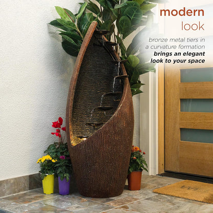 Alpine Corporation GIL122 43" Outdoor Floor Contemporary Tiered Bronze Metal Water Fountain with LED Lights, Stylish Outdoor Water Feature for Garden and Patio Décor, Brown