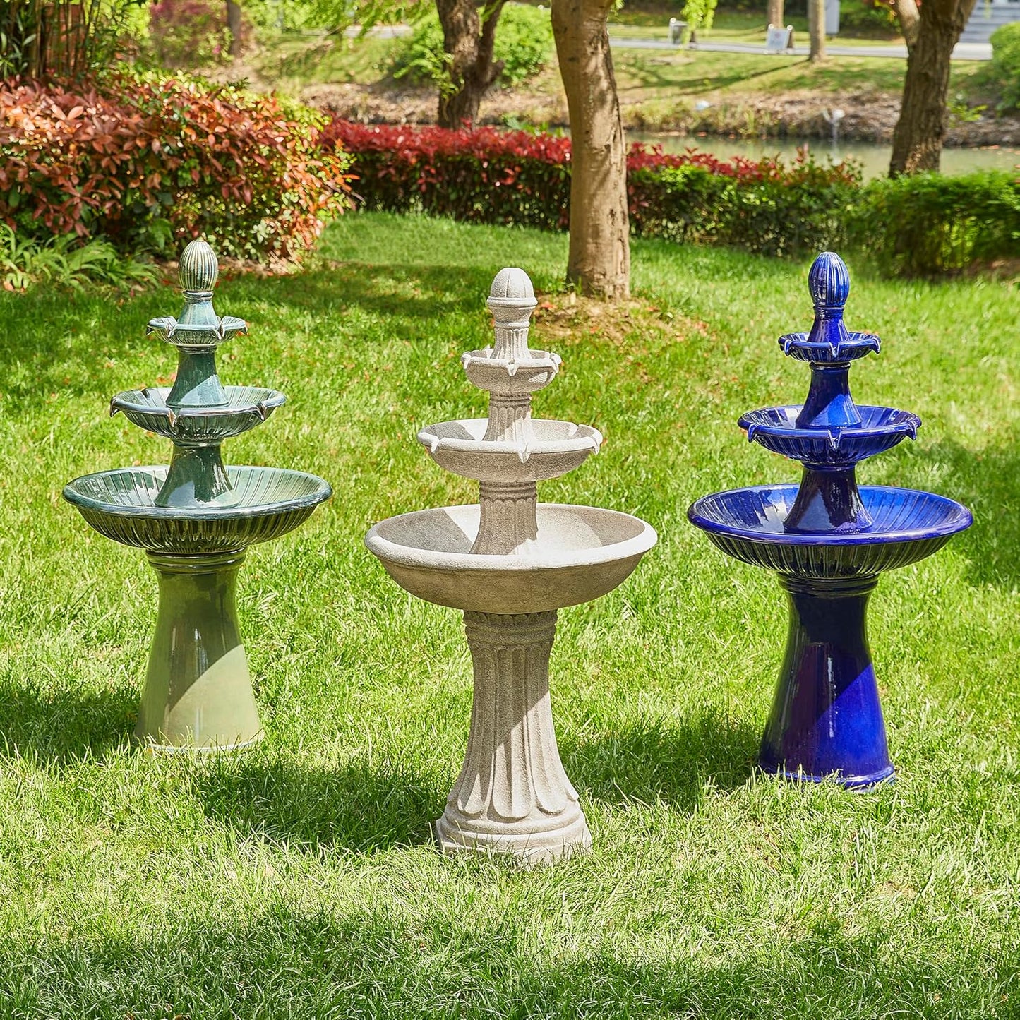 Glitzhome Outdoor Fountain and Waterfalls 3 Tier Patio Fountains, 45.25" H Ceramic Water Fountain with Pump & LED Light Garden Outdoor Floor Stand Fountains for Backyard Deck Lawn Porch, Cobalt Blue