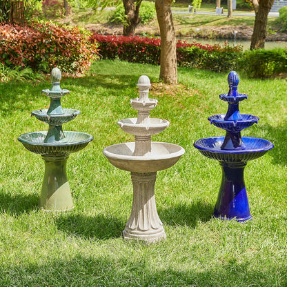 Glitzhome Outdoor Fountain and Waterfalls 3 Tier Patio Fountains, 45.25" H Ceramic Water Fountain with Pump & LED Light Garden Outdoor Floor Stand Fountains for Backyard Deck Lawn Porch, Cobalt Blue