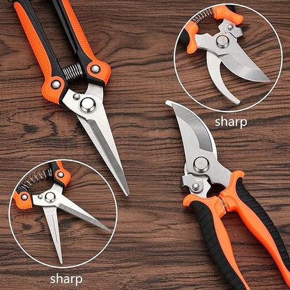5 pack Garden Pruning Shears Stainless Steel Blades, Handheld Scissors Set with Gardening Gloves,Heavy Duty Garden Bypass Pruning Shears,Tree Trimmers Secateurs, Hand Pruner (Orange)