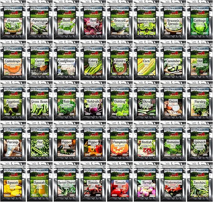 B&KM Farms 25,000+ Survival Seed Kit 5+ Year Supply. 40 Fruit & Vegetable Non-GMO Heirloom Seeds for Planting a Home Garden. Secure Emergency Weather-Proof Bucket