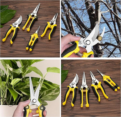 5 pack Garden Pruning Shears Stainless Steel Blades, Handheld Scissors Set with Gardening Gloves,Heavy Duty Garden Bypass Pruning Shears,Tree Trimmers Secateurs, Hand Pruner (Yellow and Black)