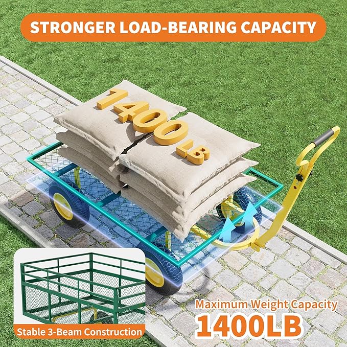 Metal Wagon - 1400lbs Garden Cart with 10" Multi-Terrain Tires, 4 Removable Mesh Sides & 180° Swivel Handle, Yard Wagon Cart for Lawn, Yard, Patio Gardening