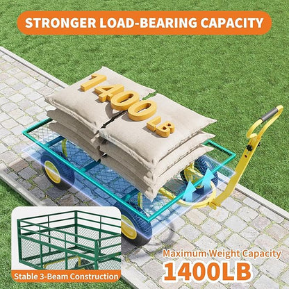 Metal Wagon - 1400lbs Garden Cart with 10" Multi-Terrain Tires, 4 Removable Mesh Sides & 180° Swivel Handle, Yard Wagon Cart for Lawn, Yard, Patio Gardening