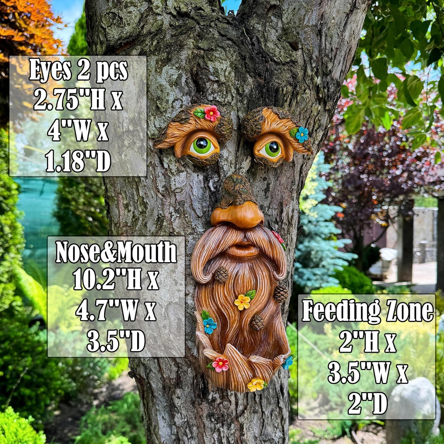 Mood Lab Tree Face Decor - Outdoor Bird Feeder - Old Man Face Decoration with Flowers - Tree Garden Hugger - Yard Art Statues
